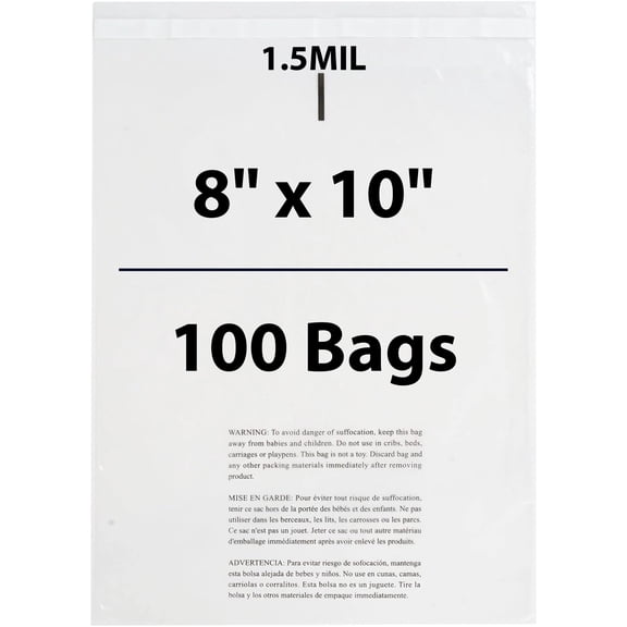 1.5Mil Suffocation Warning Self Seal Clear Poly Bags - 8" x 10" & (100 Bags)