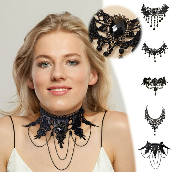 1/5Pcs Gothic Choker, Steampunk Black Lace Neck Choker Halloween Jewelry for Women,B,12in,Halloween Decoration