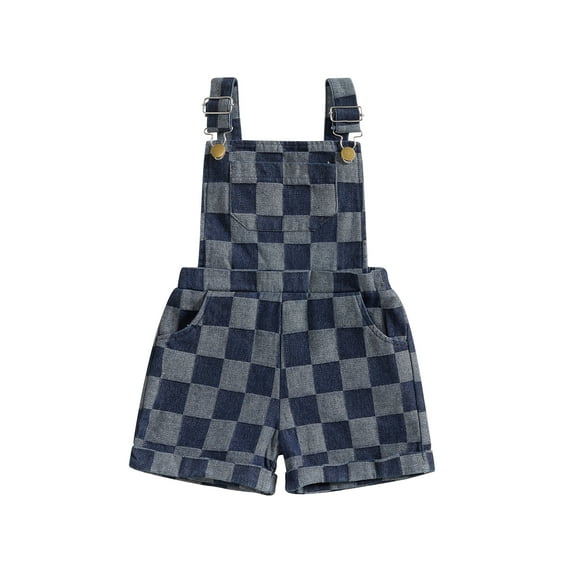 1-5T Kids Toddler Baby Boys Girls Overalls Sleeveless Square Neck Checkered Print Suspender Shorts Toddler Romper