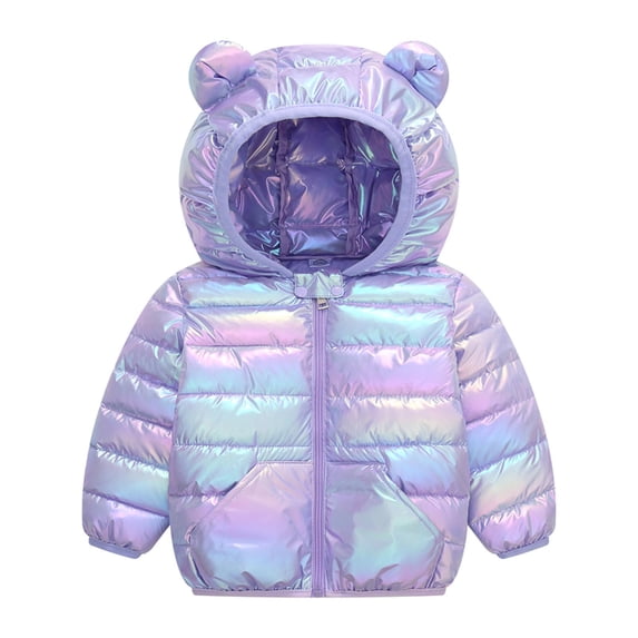 1-5T Little Girls Puffy Coats Kids Metallic Hooded Jacket Warm Winter Outerwear with Pockets Purple 2 Years