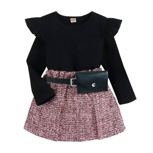 1-5T Toddler Kids Baby Girls Ruffle Long Sleeve Top Tweed Skirt
