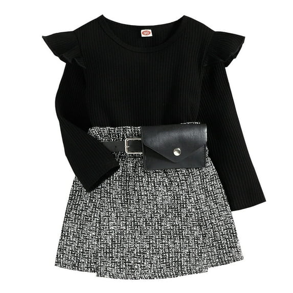 1-5T Toddler Kids Baby Girls Ruffle Long Sleeve Top Tweed Skirt with Waist Bag 3PCS Clothes Fall Winter Outfit