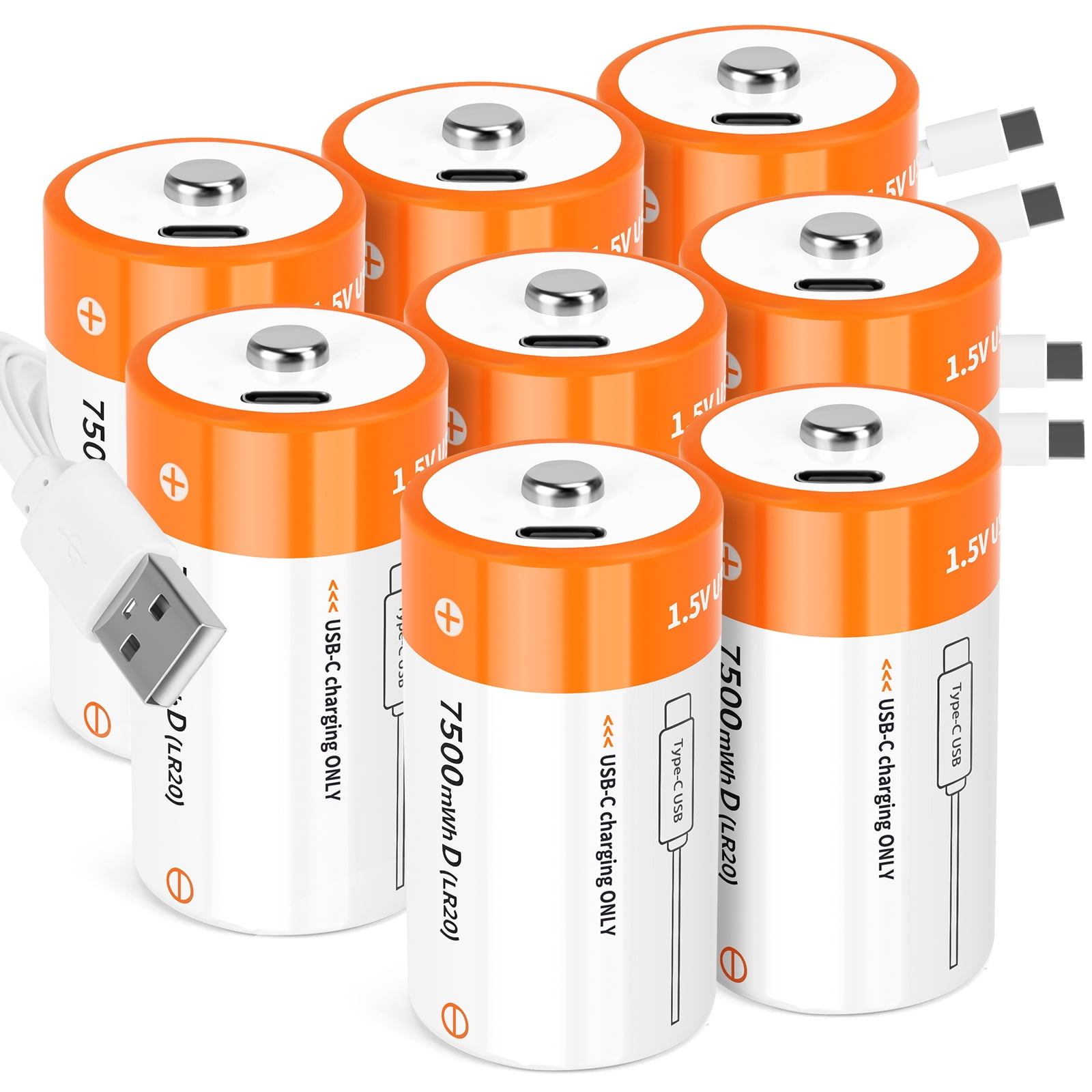1.5V 7500mAh USB Rechargeable D Lithium Batteries,Rechargeable D Battery 8 pack ,Lr20 1.5v Battery Size D