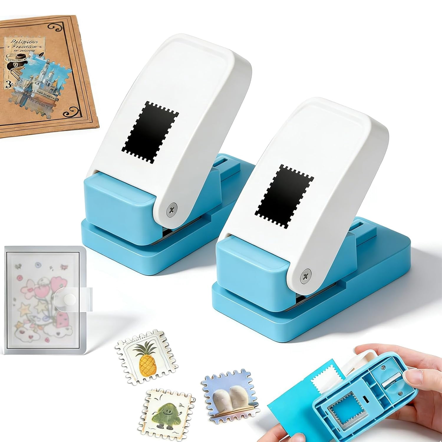 1.5X1.2 Inch Stamp Puncher, Mini Postage Stamp Hole Punch with a Scrapbook, Rectangle Lever Action Paper Stamp Cutter for Paper Crafting Scrapbooking DIY Card Making Arts Crafts Supplies (2)