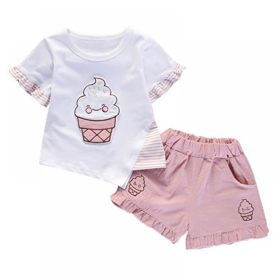 1-5Y Applique Striped Asymmetric Panel Ruffle Cotton Linen Baby Girl Summer Short Sleeve + Shorts 2 piece Set
