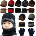 thumbnail image 1 of 1-5Y Kids Winter Warm Knitted Scarf Beanie Hat and Gloves Set Little Boys Girls Soft Stretch Hat Scarf Mitten Set Fleece Lined Set 3 Pieces, 1 of 6