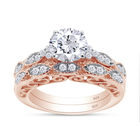 1.5ct Center 7.5mm G-H-I Color Round Cut Vintage/Antique Lab Created Moissanite Engagement Ring Bridal Set In 14K Rose Gold Over Sterling Silver For Women Size-9.5