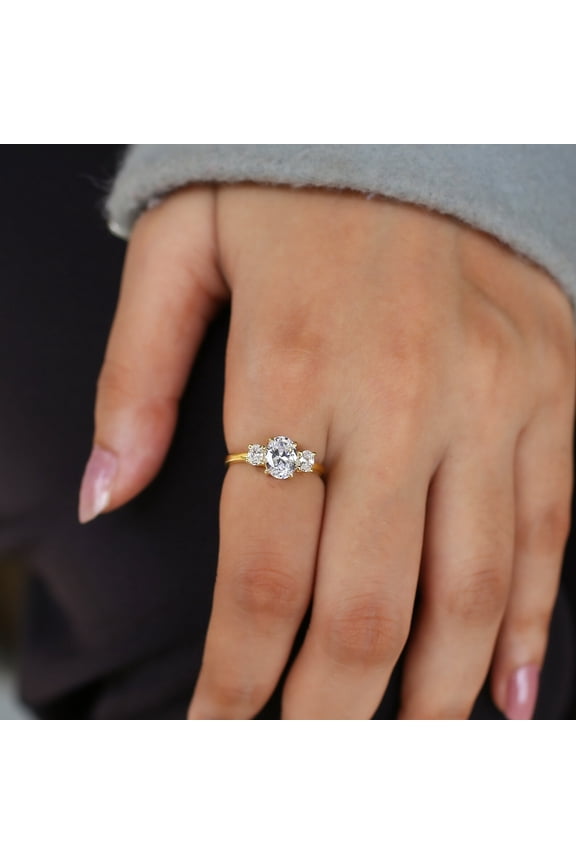 1.5ct Oval Shape Moissanite Diamond Ring, Three Stone Engagement Ring Side Oval Cut Moissanite Wedding Anniversary Ring