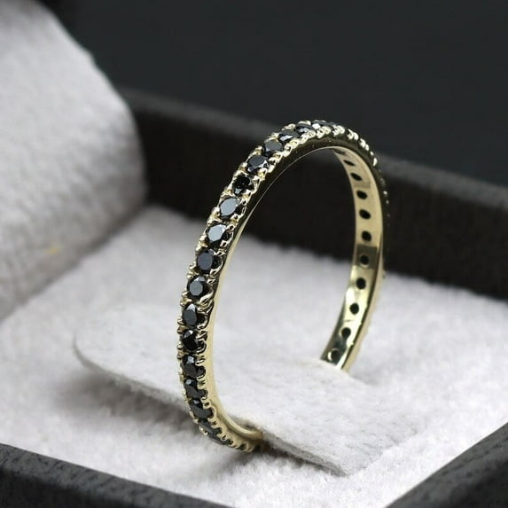 1.5ct Round Cut Black Diamond Wedding Eternity Band Ring 14K Yellow Gold Plated Silver-9