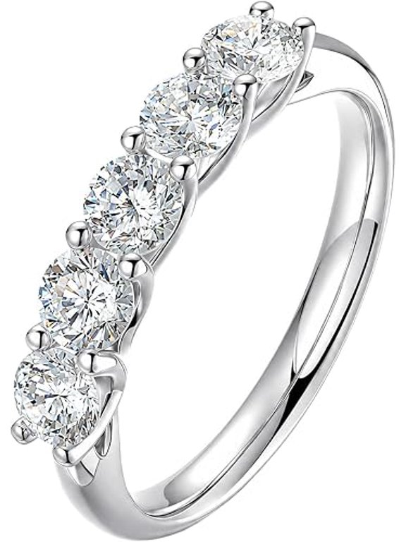 1.5cttw 5 Stone Lab Grown Diamond Wedding Band Ring D Color VVS Clarity 14K White Gold Plated Pure 925 Sterling Silver 4mm Half Eternity Anniversary Ring for Women