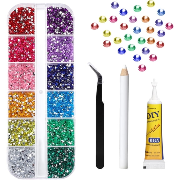 1.5mm Acrylic Nail Art Makeup Rhinestone Set, 10000 Colorful Flat Back Gemstones, with Jewelry Glue Crayons and Tweezers, 12 Colors Suitable for Christmas and New Year Nail Art, and DIY Crafts