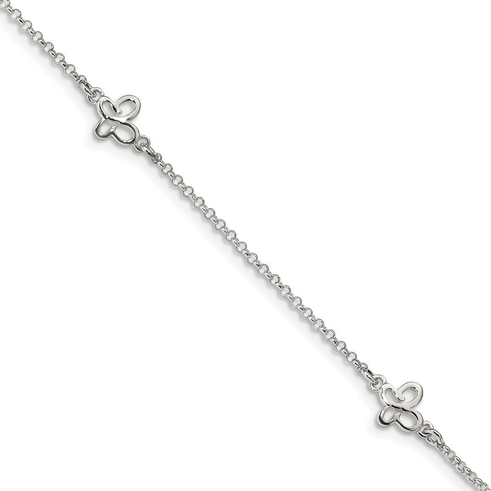 1.5mm Sterling Silver Polished Butterfly With 1in Ext Anklet - 2.6 Grams - 9 Inch