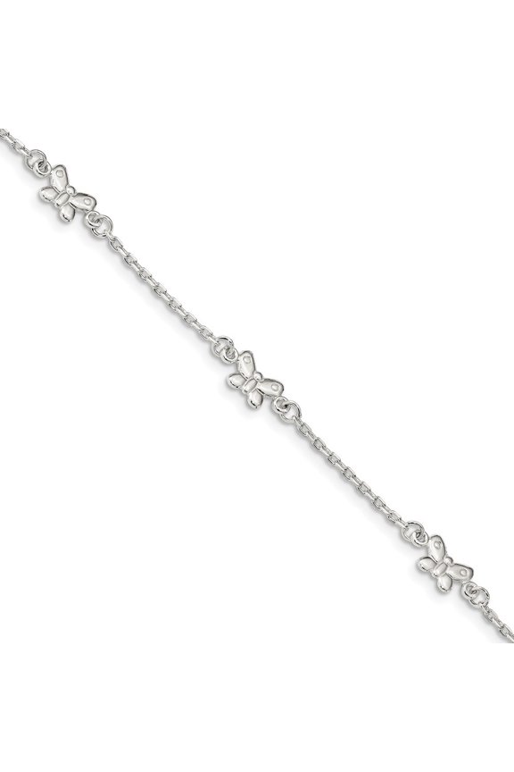 1.5mm Sterling Silver Polished Butterfly With 1in Ext Anklet - 4.2 Grams - 9 Inch