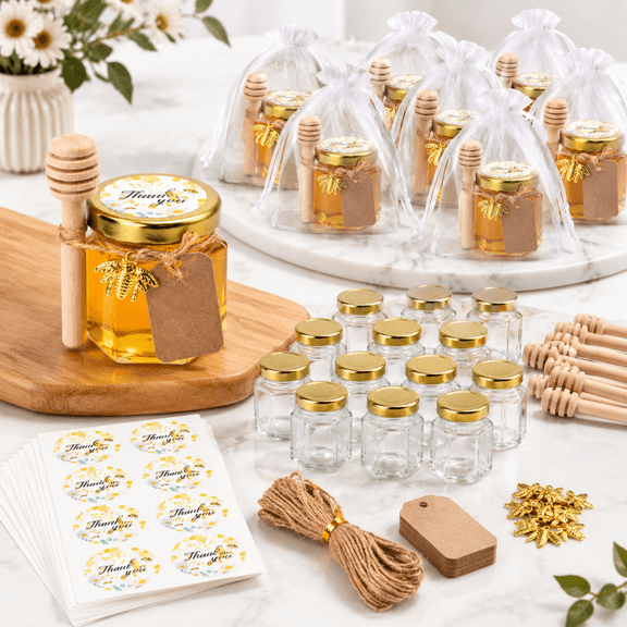 1.5oz-60Pack Hexagonal Mini Glass Honey Jars Set with Lids Dippers and Decorations
