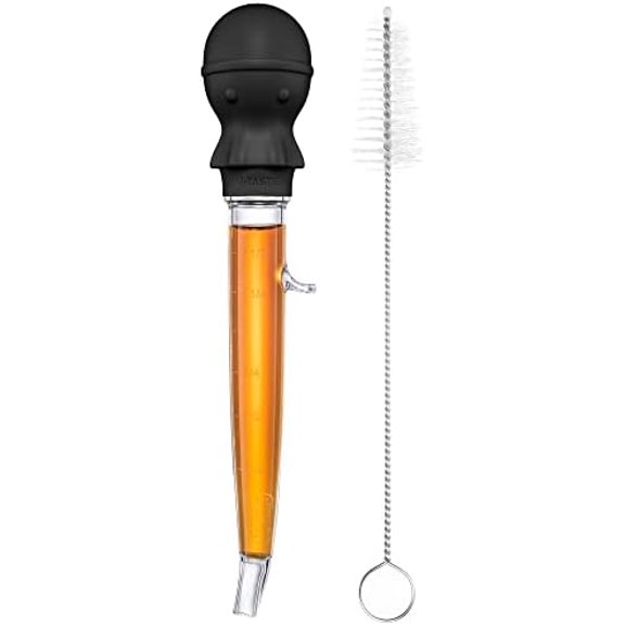 1.5oz Angled Turkey Baster - 228.2ºF Heat Resistant Food Grade Tritan and Silicone Large Octopus Bulb Baster Set with Cleaning Brush for Cooking Basting Meat Poultry Beef Chicken (Black)