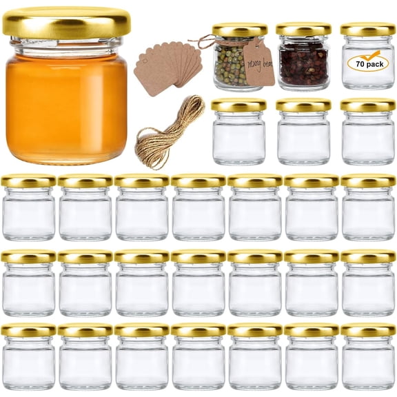 1.5oz Mini Glass Jars Bulk Set of 70,Round Small 45ml Honey Jars with Golden Lids,Clear Mini Storage Canning Jar for Candle Making,Spice,Jelly,Jam,Wedding,Party Favor
