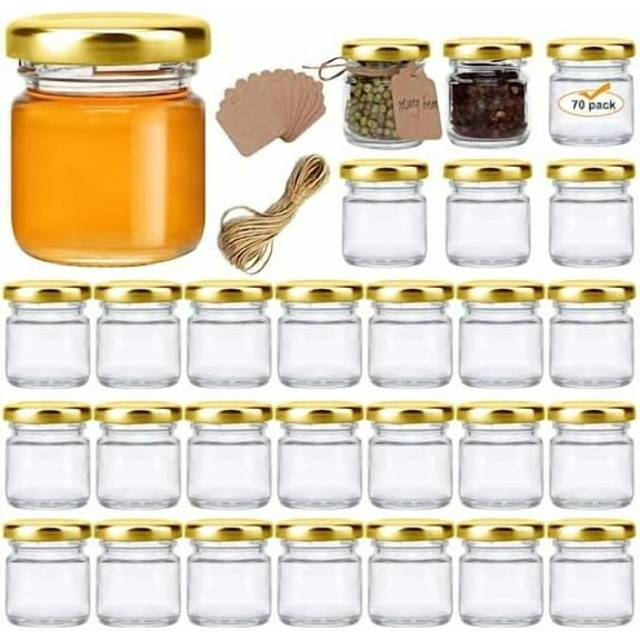 1.5oz Mini Glass Jars Bulk Set of 70,Round Small 45ml Honey Jars with Golden Lids,Clear Mini Storage Canning Jar for Candle Making,Spice,Jelly,Jam,Wedding,Party Favor$$Home Decor, Kitchen, & Other