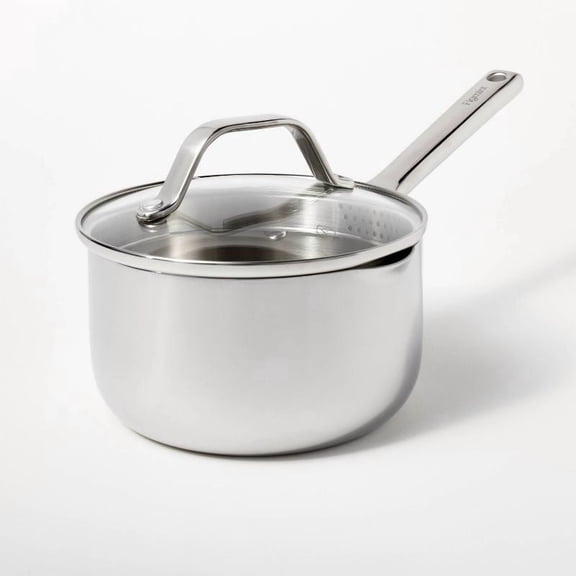 1.5qt Stainless Steel Sauce Pan with Straining Lid and Durable Construction for Heating, Boiling, Simmering Sauces, Soups, and Everyday Cooking Tasks