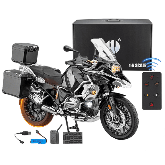 1/6 Alloy RC Motorcycle, Full-Function Remote Control Bike Model with Lights, Sound, Exhaust Spray, Rear Wheel Drive, Realistic Scale Motorbike RTR(R1250GS Black)