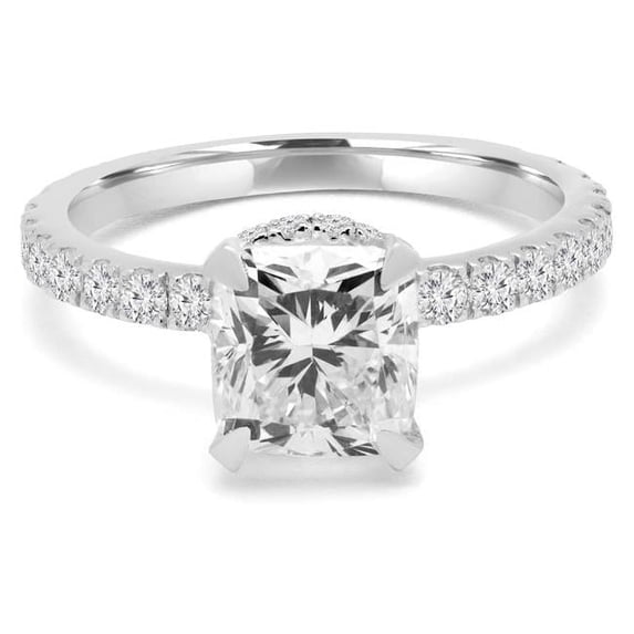 1.6 CTW Cushion Diamond Hidden Halo Solitaire Engagement Ring with Accents in 14K White Gold - Size 4