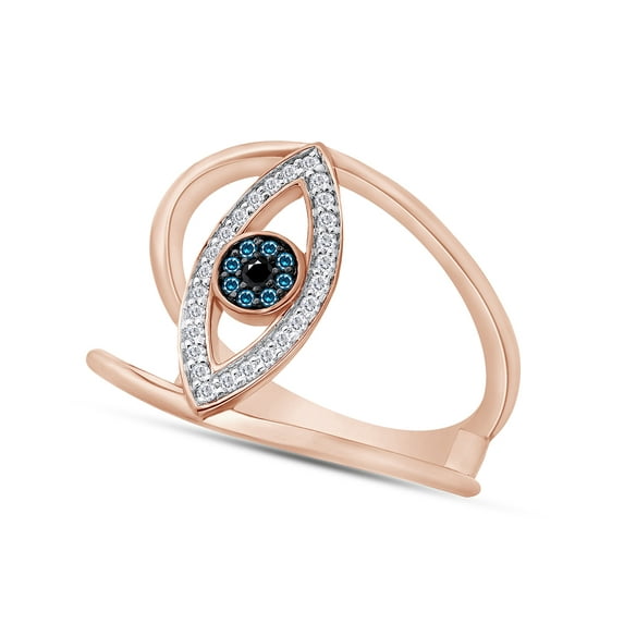 AFFY 1/6 Carat Natural White & Blue With Enhanced Black Diamond Evil Eye Anniversary Ring For Women In 14K Rose Gold Over Sterling Silver ,Ring Size-12