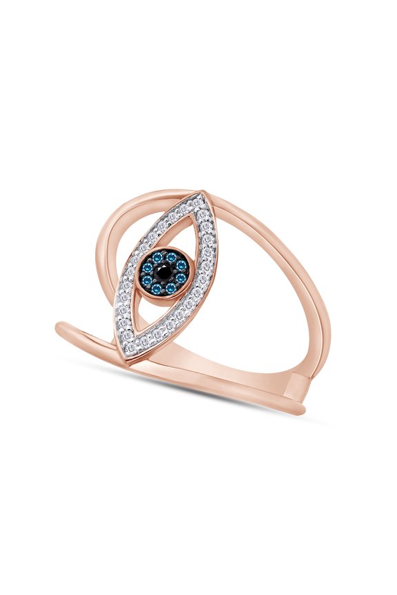 1/6 Carat Natural White & Blue With Enhanced Black Diamond Evil Eye Anniversary Ring For Women In 14K Rose Gold Over Sterling Silver ,Ring Size-6.5