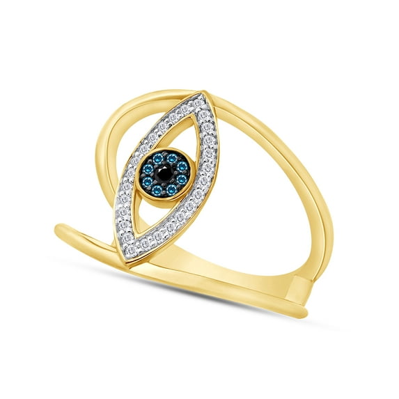 AFFY 1/6 Carat Natural White & Blue With Enhanced Black Diamond Evil Eye Anniversary Ring For Women In 14K Yellow Gold Over Sterling Silver ,Ring Size-9
