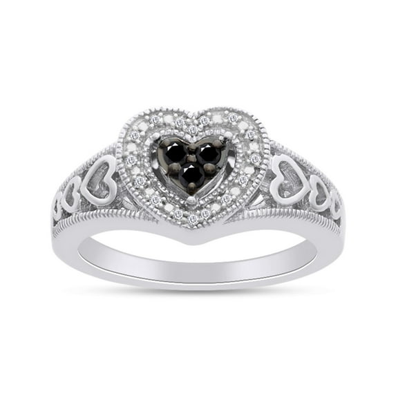 1/6 Carat Round Cut Black And White Natural Diamond Heart Frame Engagement Promise Ring In 14k White Gold Over Sterling Silver (0.17 Cttw, I2-I3 Clarity) Ring Size-8.5