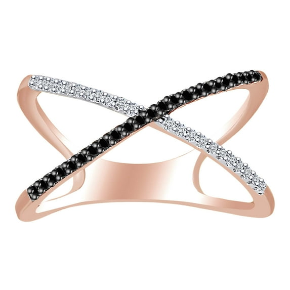 AFFY 1/6 Carat Round Cut Black & White Natural Diamond Criss Cross Ring In 10K Solid Rose Gold-Ring Size-10