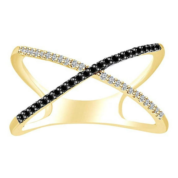 AFFY 1/6 Carat Round Cut Black & White Natural Diamond Criss Cross Ring In 10K Solid Yellow Gold-Ring Size-10