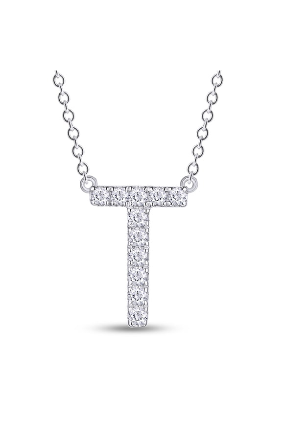 1/6 Carat Round Cut Lab Created Moissanite Diamond Initial Letter "T" Pendant Necklace In 14K White Gold Over Sterling Silver Along With 18" Chain (G-H Color, VVS1 Clarity, 0.16 Cttw)