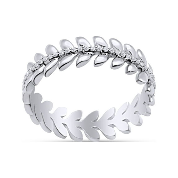 1/6 Carat Round Cut White Natural Diamond Trendy Leaf Wedding Band Ring In 14K White Gold Over Sterling Silver (Clarity : I2-I3, Color : I-J, 0.17 Cttw) Ring Size-5.5