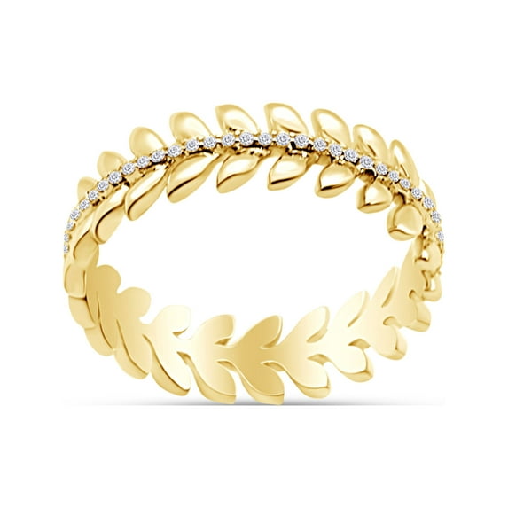 1/6 Carat Round Cut White Natural Diamond Trendy Leaf Wedding Band Ring In 14K Yellow Gold Over Sterling Silver (Clarity : I2-I3, Color : I-J, 0.17 Cttw) Ring Size-6