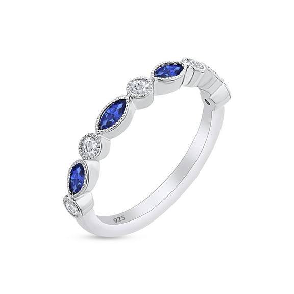 AFFY 1/6 Carat Round Cut White Natural Diamond WeddIng Band With Marquise Blue Sapphire In 14K White Gold Over SterlIng Silver (0.18 Cttw, I2-I3 Clarity), Ring Size-4.5
