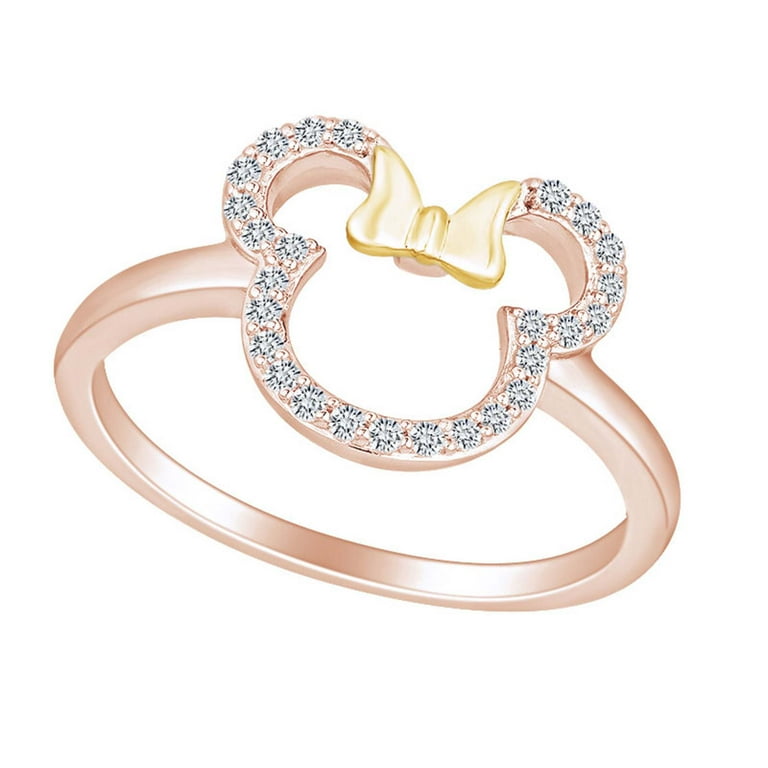 AFFY 1 6 Carat Round White Natural Diamond Two Tone Minnie Mouse Promise Ring 10k Solid Rose Gold I J Color I2 I3 Clarity 0.16 Cttw Ring Size 6.5