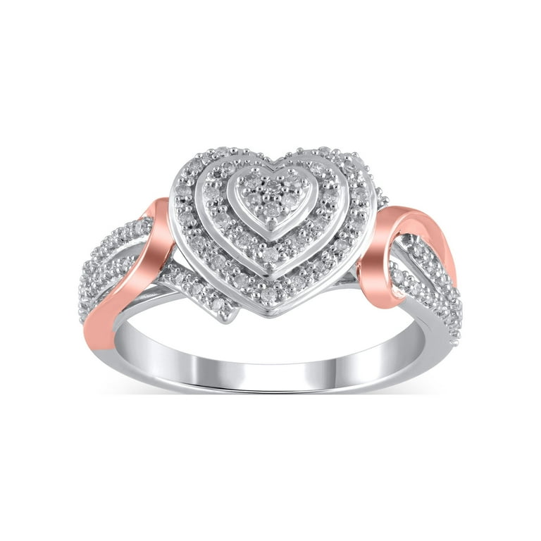 1/6 Carat T.W. (I3 clarity, I-J color) Hold My Hand Heart Shaped Double  Halo Diamond Composite Ring in Sterling Silver with 14K Rose Gold Plating,  Size 7