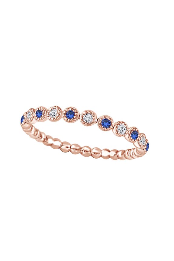 1/6 Carat White Natural Diamond & Round Simulated Blue Sapphire Beaded Dot Stackable Band Ring In 10K Solid Rose Gold
