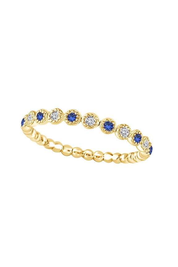 1/6 Carat White Natural Diamond & Round Simulated Blue Sapphire Beaded Dot Stackable Band Ring In 10K Solid Yellow Gold