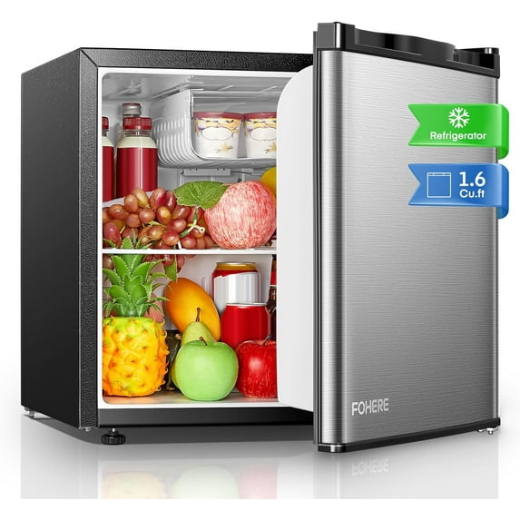 1.6 Cu. Ft Mini Fridge for Bedroom with Freezer, Small Refrigerator with 7-Temperature Control, Removable Shelves for Home, Stainless Steel