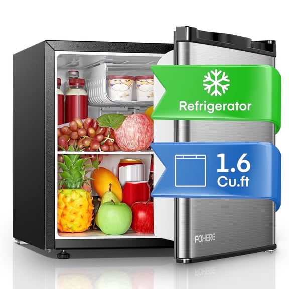 FOHERE 1.6 Cu. ft Fridge with Freezer, Refrigerator for Office, Room, Stainless Steel