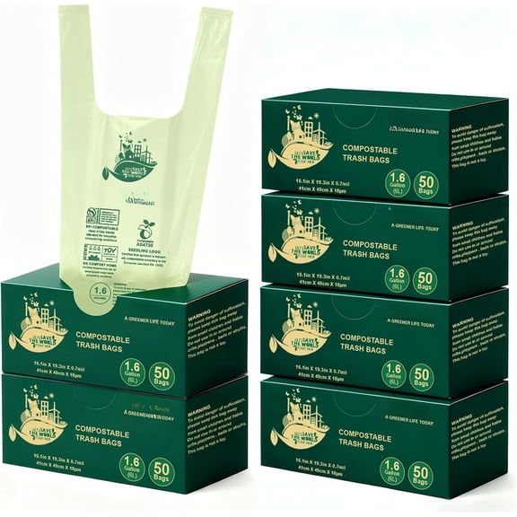 1.6 Gallon 300 Count,Compostable Bags Handle Tie, Resistant Kitchen  Scrap  Bag, ASTM D6400,  BPI and  OK Compost  Certified