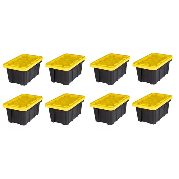 1.6 Gallon (6.5 qt) Stackable Storage Box, Black With Yellow Snap Lid, 8-Pack