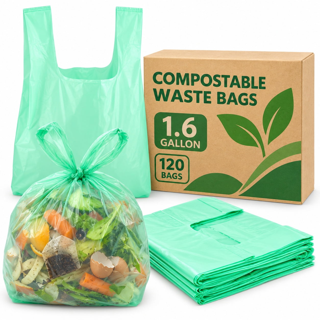 1.6 Gallon Compostable Kitchen Waste Bags - 120 Durable Tie Handle Bags ...