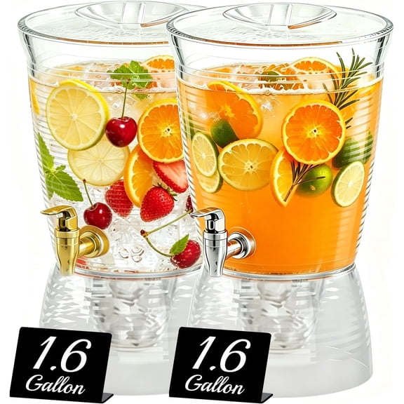 1.6 Gallon Drink Dispenser for Parties, 2 Pack Plastic Beverage Container with Stand for Counter Tops, for ,Drinks, Juice, Punch & Water Party Hosting