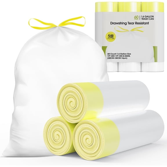 1.6 Gallon Small Trash Bags, 60 Count Mini Drawstring Garbage Bags Unscented fit 4.5-8 Liter, 1.2-2 Gallon Thick Plastic Wastebasket Liners for Bathroom Bedroom Office Toilet