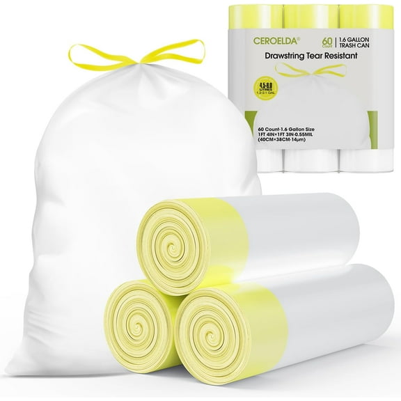 1.6 Gallon Small Trash Bags, 60 Count Mini Drawstring Garbage Bags Unscented fit 4.5-8 Liter, 1.2-2 Gallon Thick Plastic Wastebasket Liners for Bathroom Bedroom Office Toilet