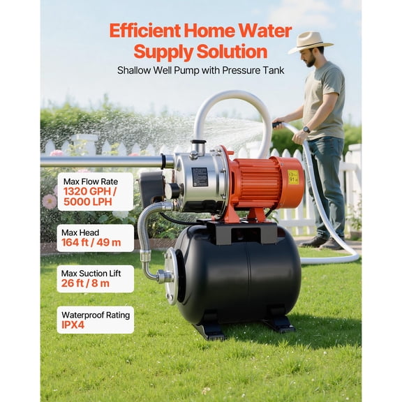 1.6 HP Shallow Well Pump with Pressure Tank, 120V 1320 GPH, Stainless Steel Irrigation Jet Pump with 5-Gal Tank, Automatic Water Booster System, 20/40 PSI Pressure Switch, for Home Garden Lawn