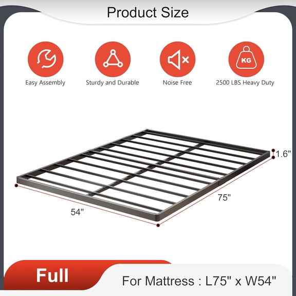 1.6 Inch Bunkie Board Full Low Heavy Duty Metal Box Spring Bed Base Sturdy Mattress Foundation Easy Assembly Noise Free Black