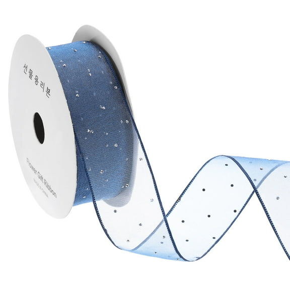 1.6 Inch x 10 Yard Organza Sheer Ribbon with Silver Rhinestone, Blue