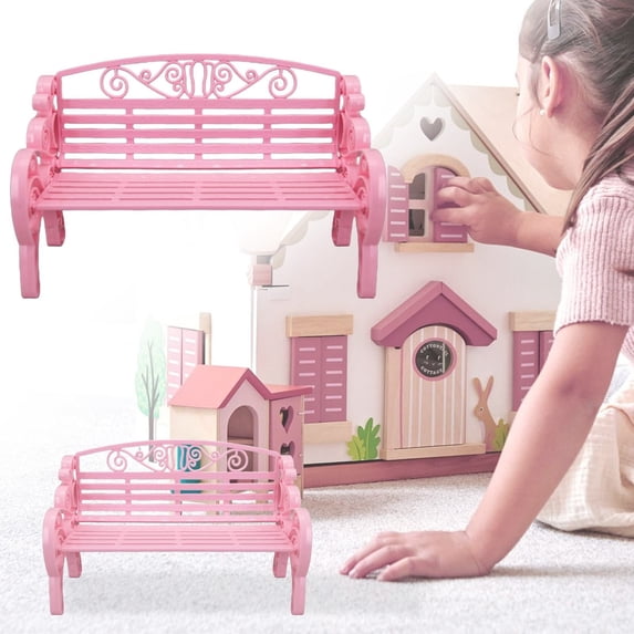 1:6 Miniature Garden Chair - Pink Decorative Doll Furniture, Park Scrollwork Design, 22x14cm, Plastic Accessory for Dollhouse